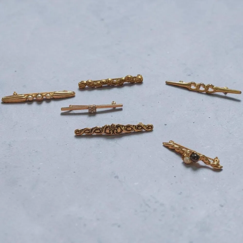 Vintage Gold Tone Bar Brooch Pin Lot of 6, Pearl Rhinestone Ornate Jewelry